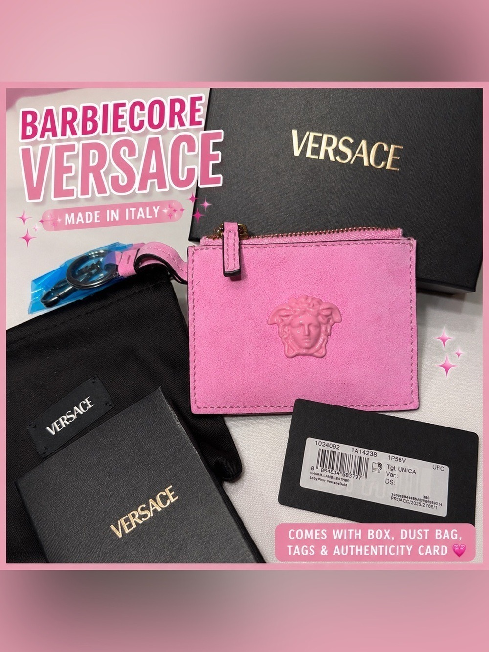 Versace Pink Medusa Card Holder Coin Pouch Leather Zip Wallet Made In Italy